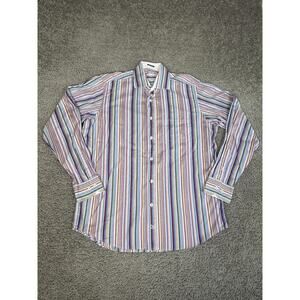 Bugatchi Uomo Shirt Mens L Multicolor Stripe Long Sleeve Button Front Cotton